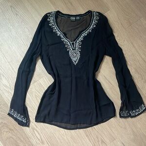 B. MOSS Black Viscose Sheer Long Sleeve Embellished Beaded Coverup Tunic Large